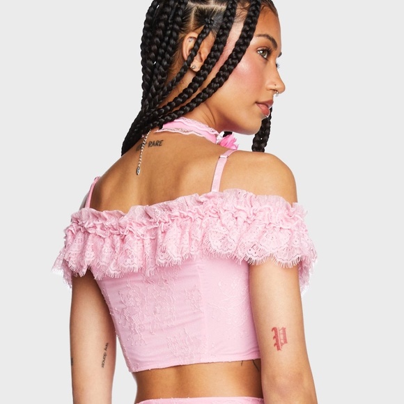 NWT Dolls Kill Sugar Thrillz A Greater Love Lace Off The Shoulder Crop Top - Picture 7 of 9